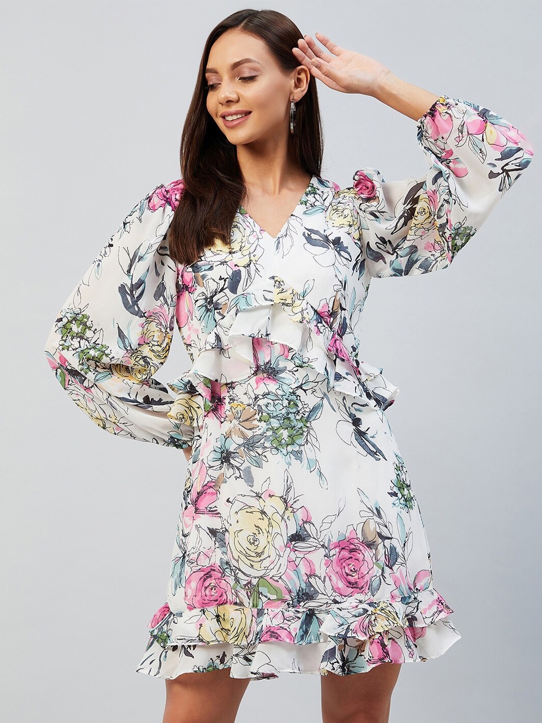 

RARE Off White & Pink Floral Ruffled Georgette Dress