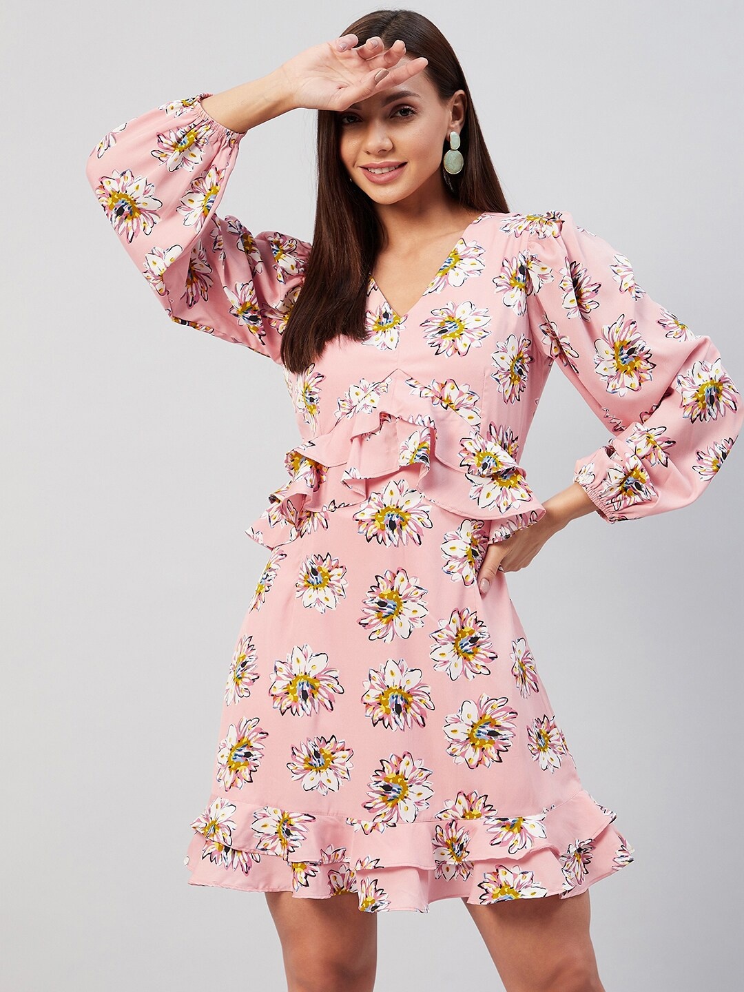 

RARE Peach-Coloured Floral Ruffled Crepe Dress