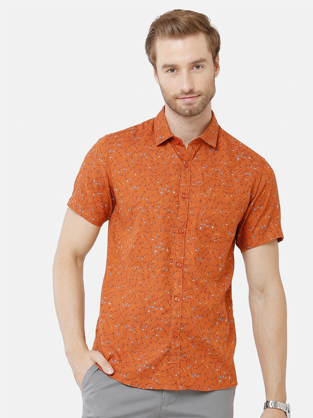 

Classic Polo Men Orange Classic Slim Fit Floral Printed Cotton Casual Shirt