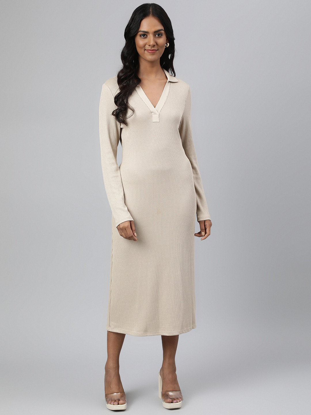 

Marks & Spencer Beige Ribbed T-shirt Midi Dress