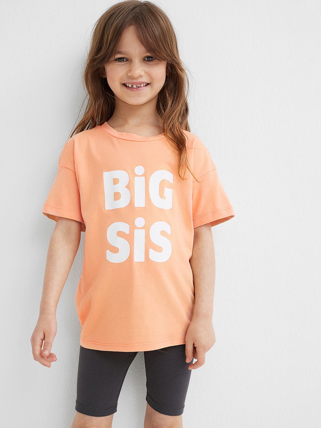 

H&M Girls Orange & Charcoal Grey Printed 2-Piece Cotton Sibling Set