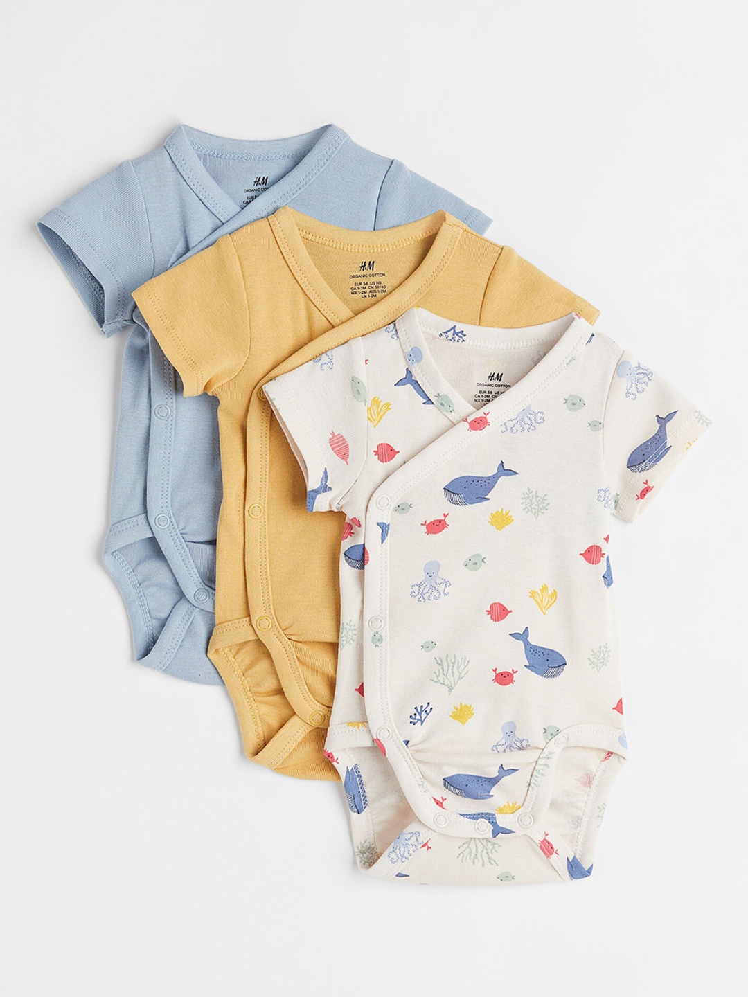 

H&M Girls Pack of 3 Blue & White Cotton Wrapover Bodysuits