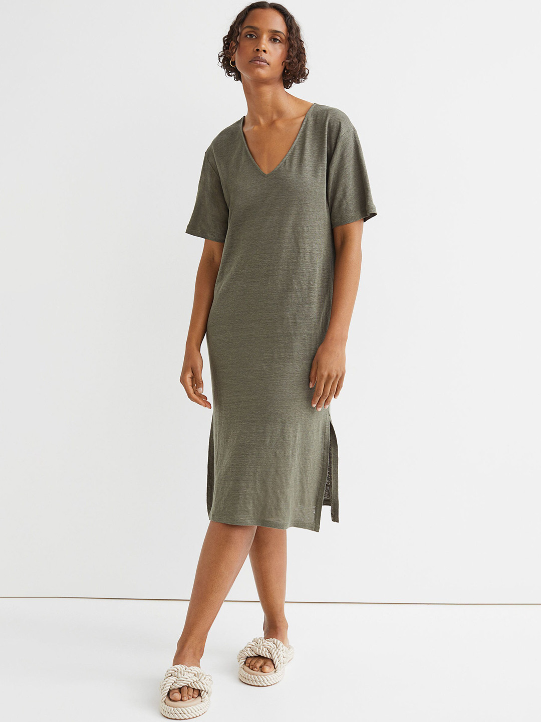 

H&M Women Olive Green Linen T-shirt Dress