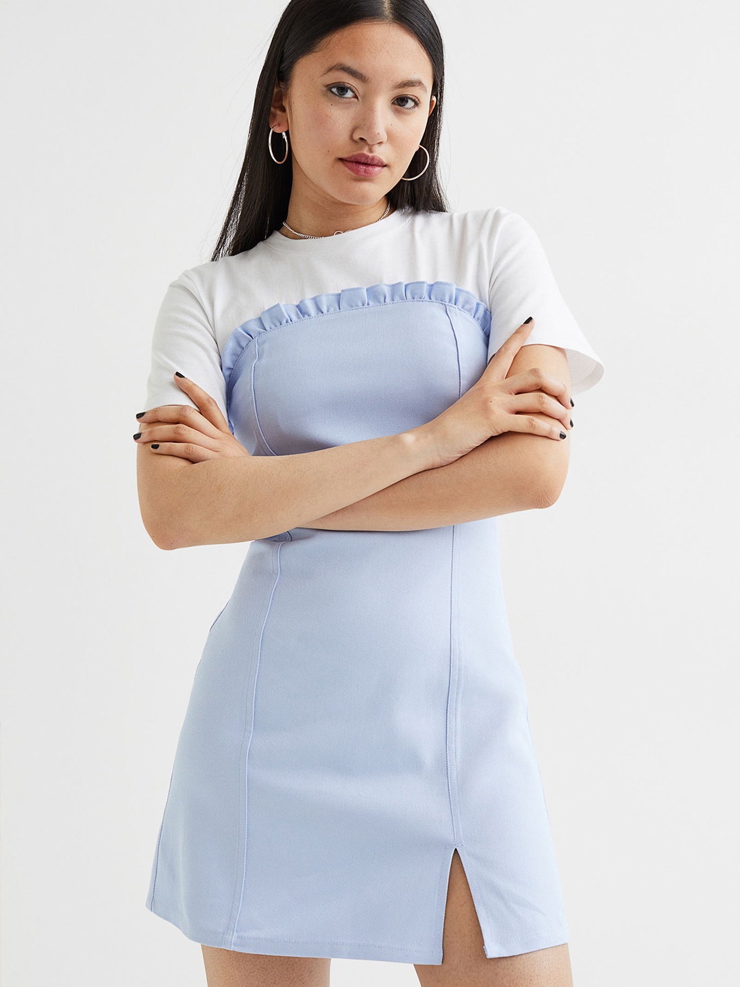 

H&M Women Blue & White Solid Frill-Trimmed T-Shirt Dress