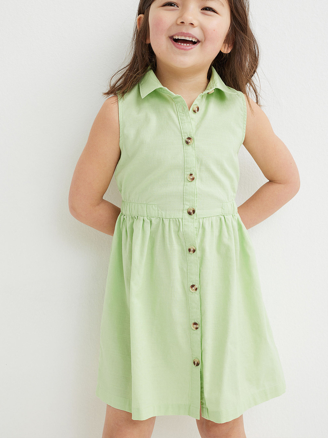 

H&M Girls Green Solid Pure Cotton Shirt Dress