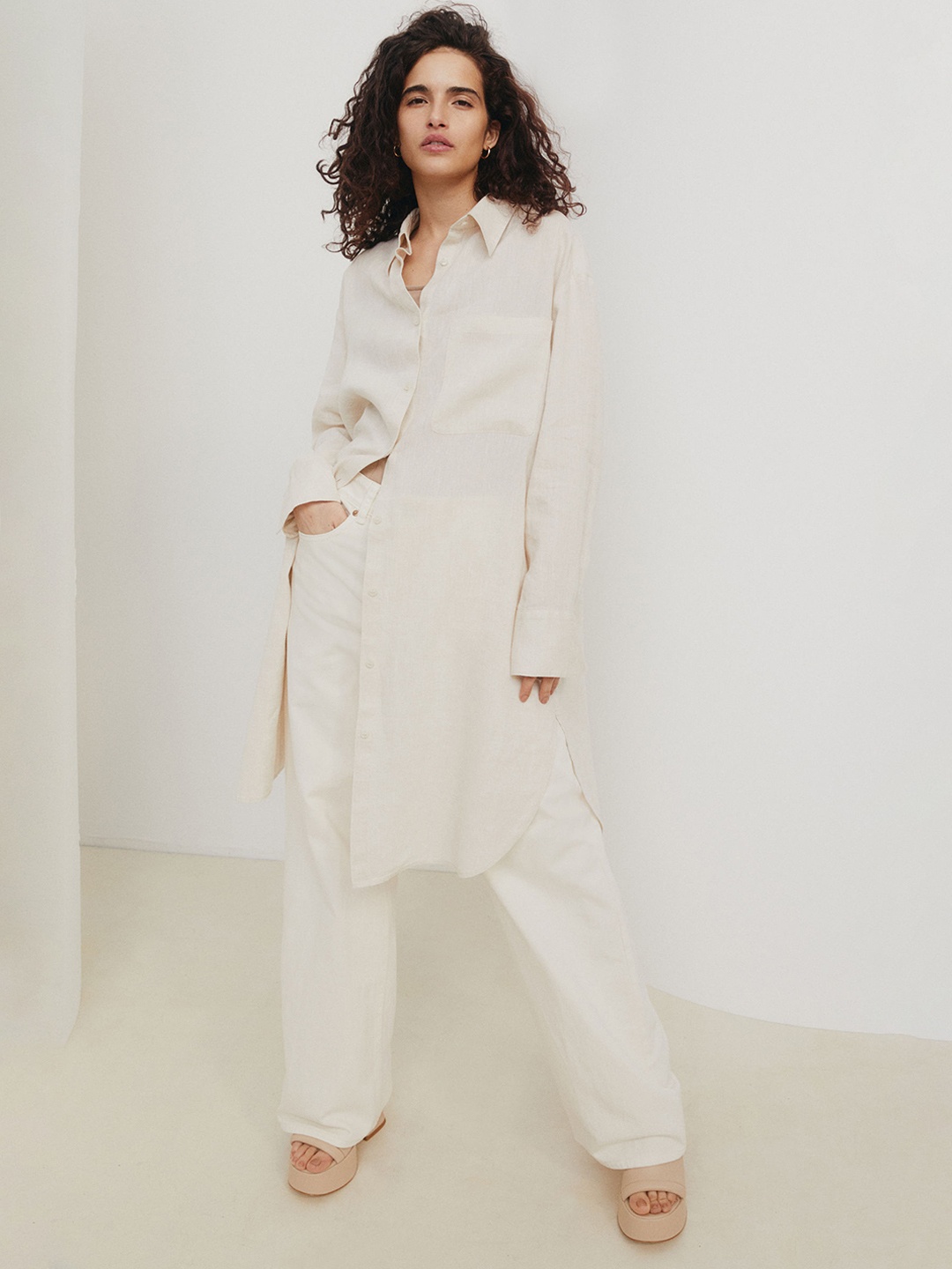

H&M Beige Long Linen Shirt