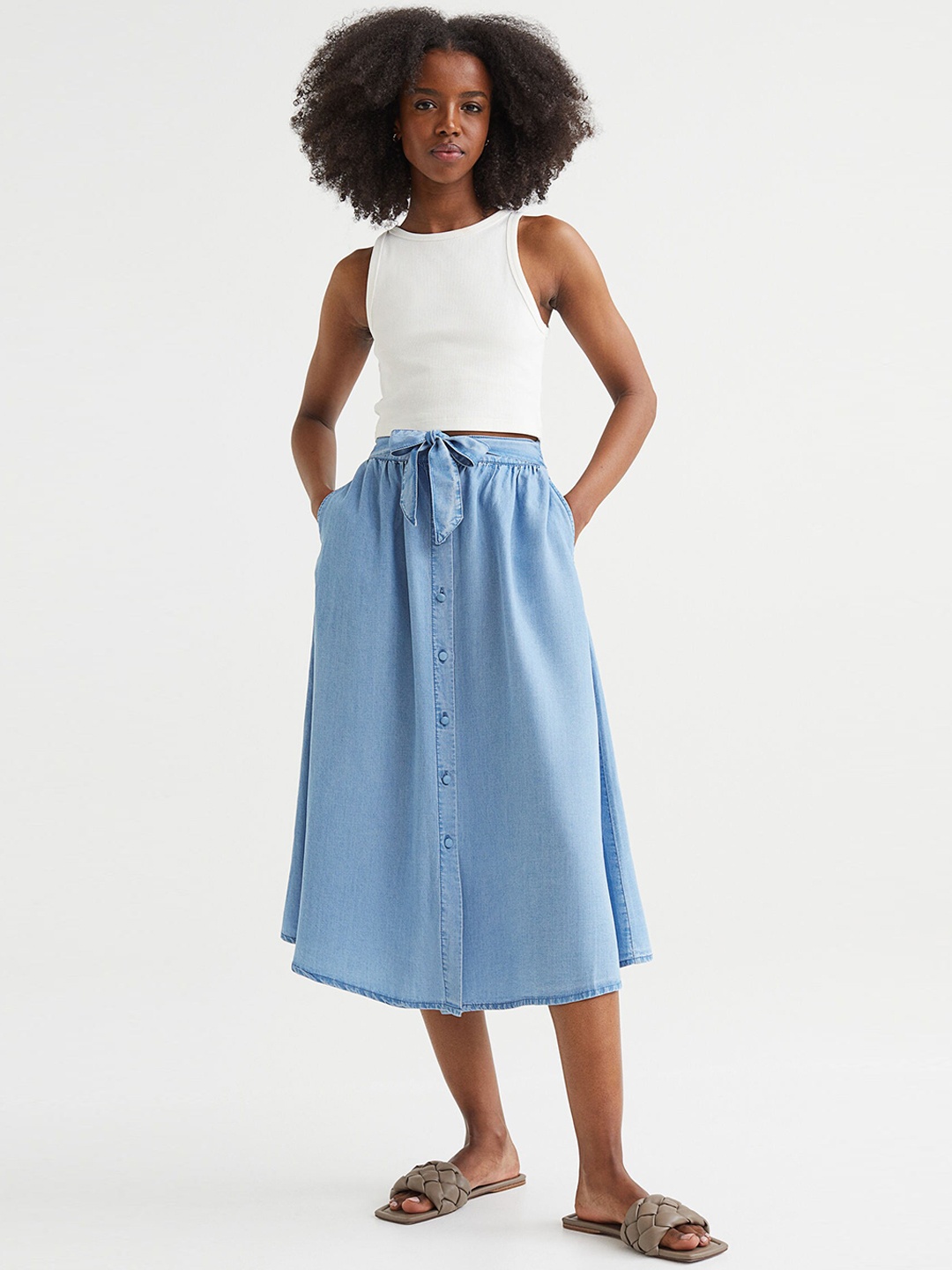 

H&M Women Blue Solid Tie-Belt Skirt