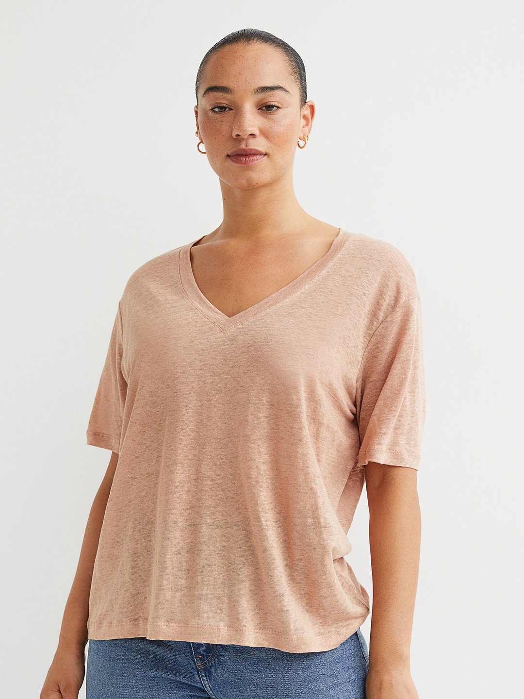 

H&M Women Beige Solid V-neck Linen-Jersey T-shirt