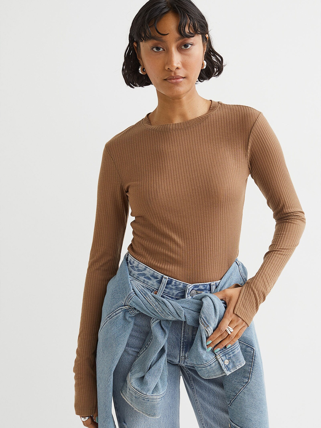 

H&M Women Beige Solid Ribbed Top