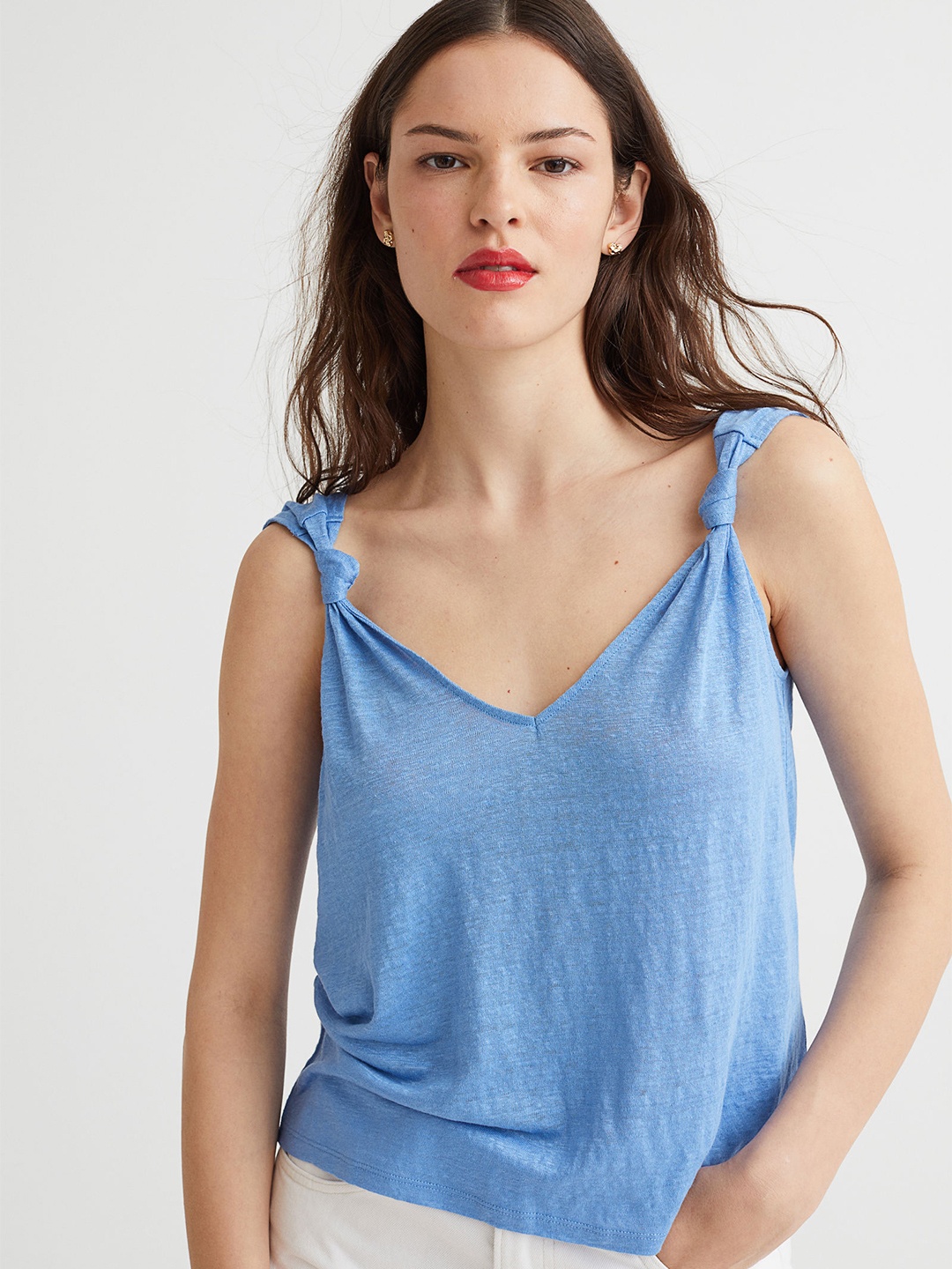 

H&M Women Blue Linen V-Neck Top