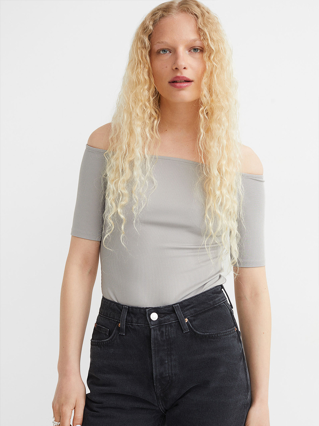 

H&M Women Grey Ribbed Off-the-Shoulder Top