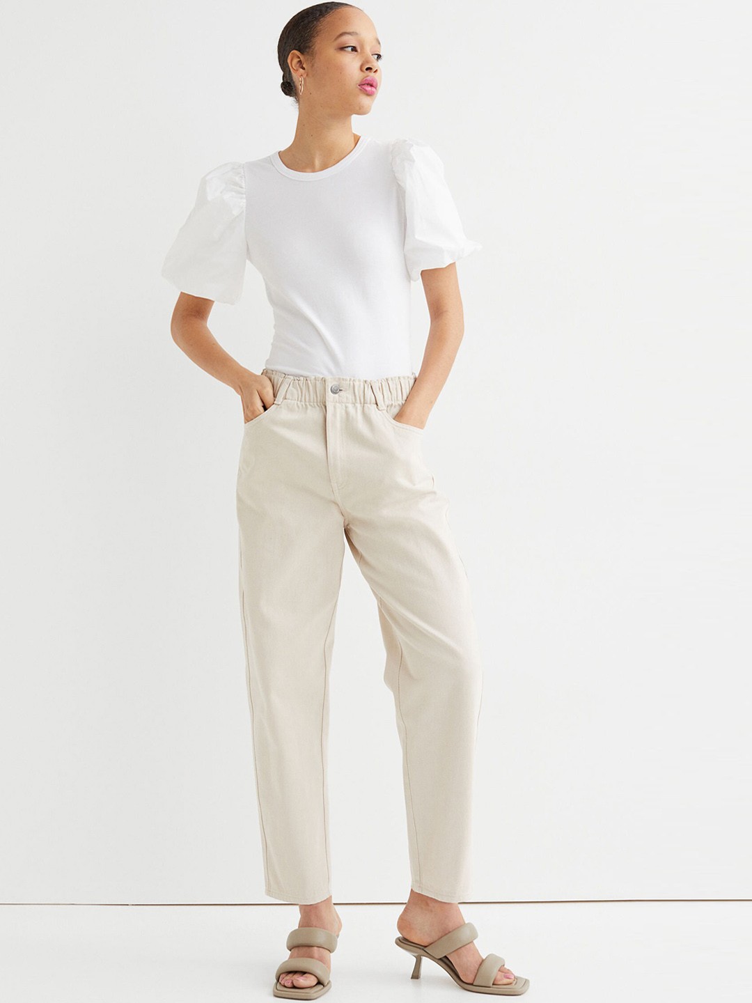

H&M Beige High Waist Twill Trousers