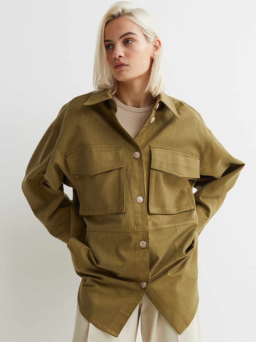 

H&M Women Green Solid Shacket