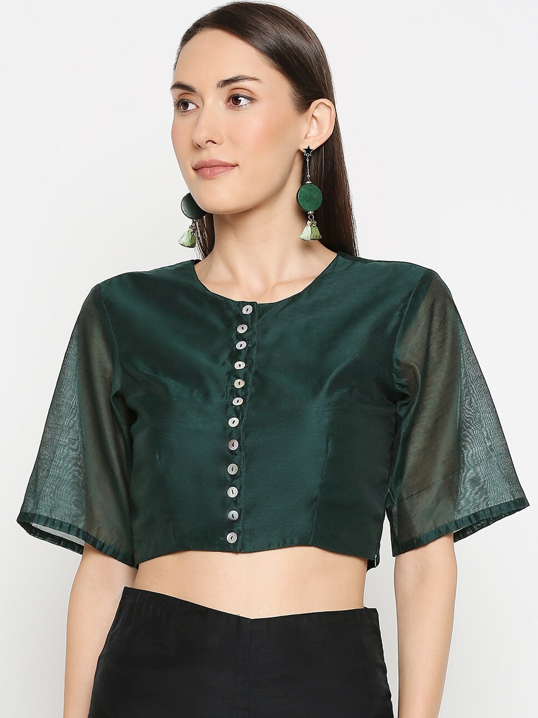 

Desi Weavess Green Solid Pure Cotton Saree Blouse