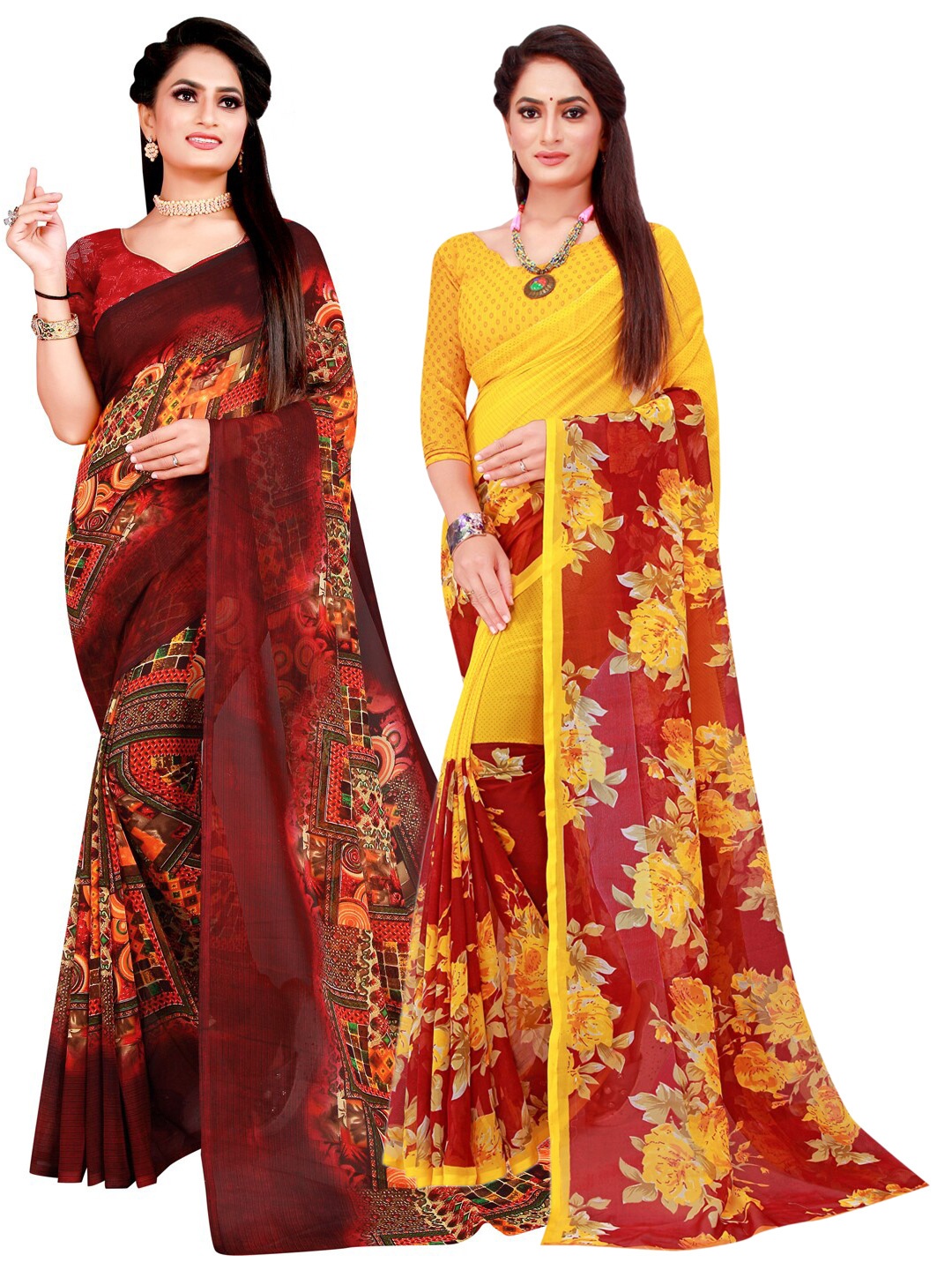 

KALINI Maroon & Yellow Set Of 2 Floral Pure Georgette Saree