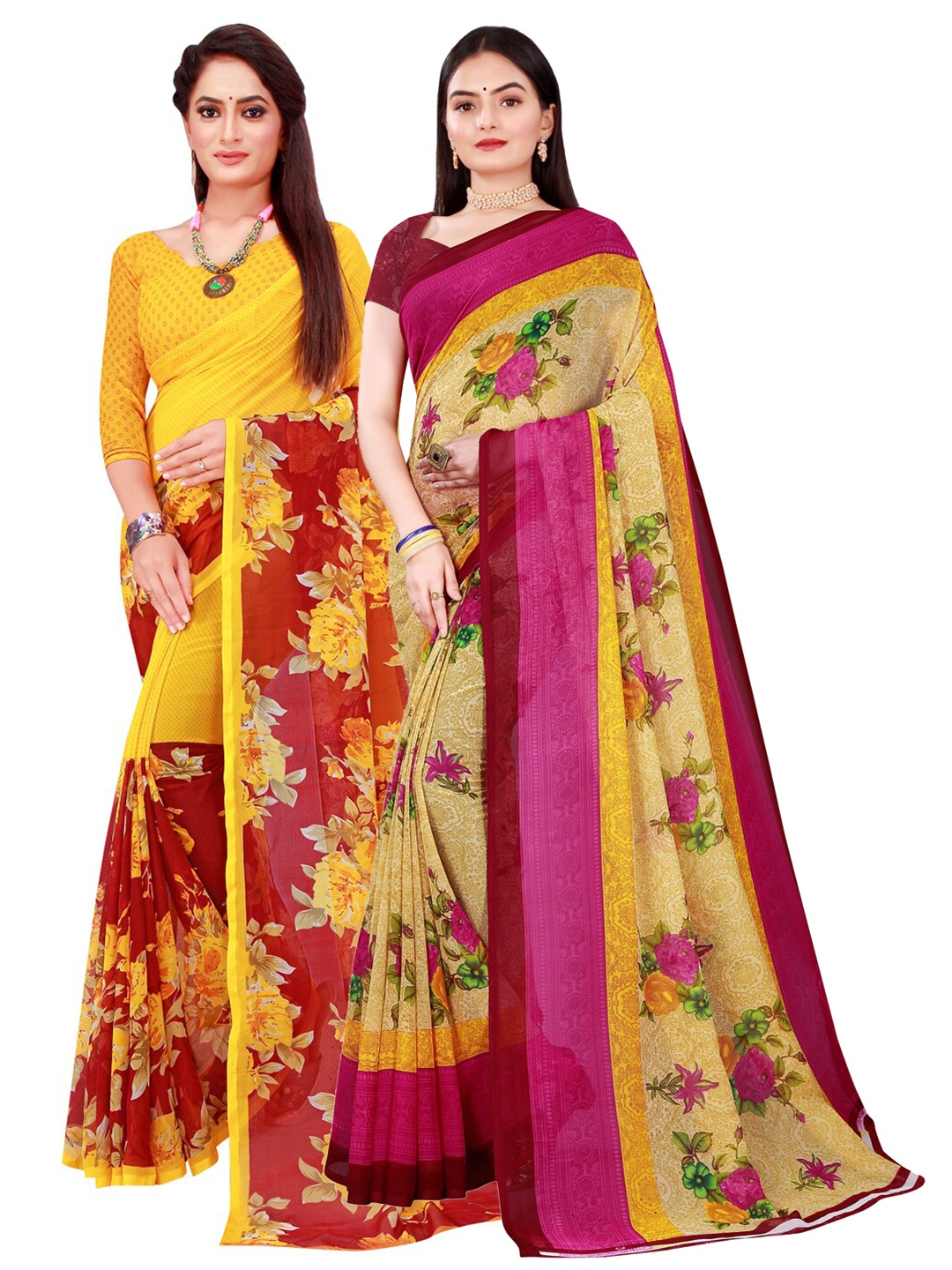 

KALINI Beige & Magenta Set Of 2 Floral Pure Georgette Saree