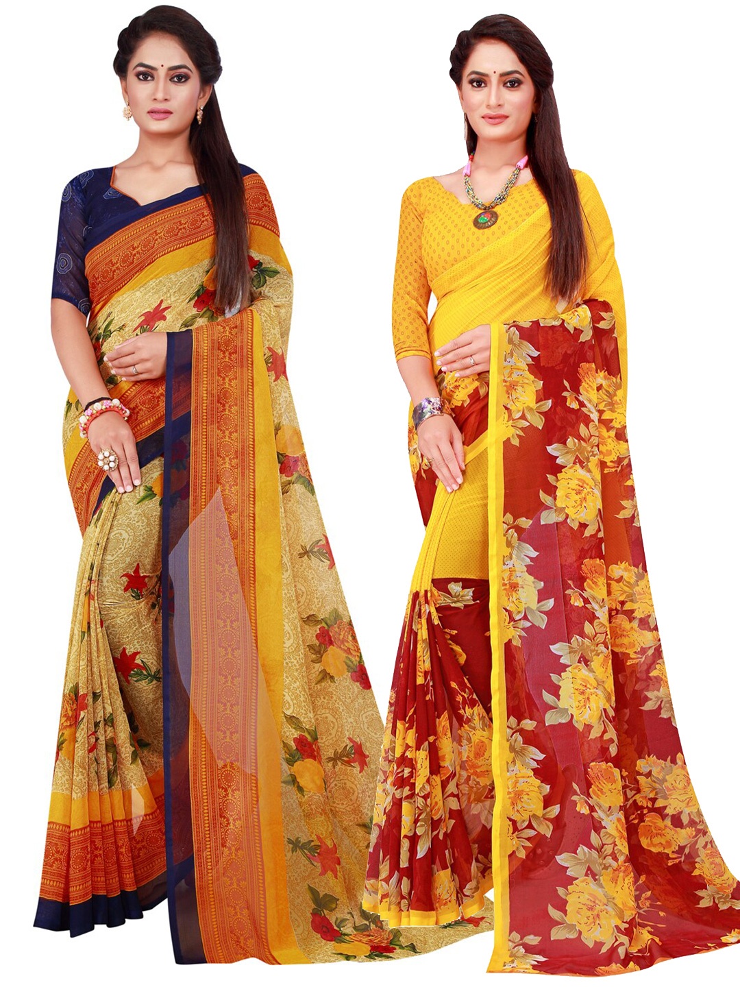 KALINI Pack Of 2 Pure Georgette Sarees, Yellow