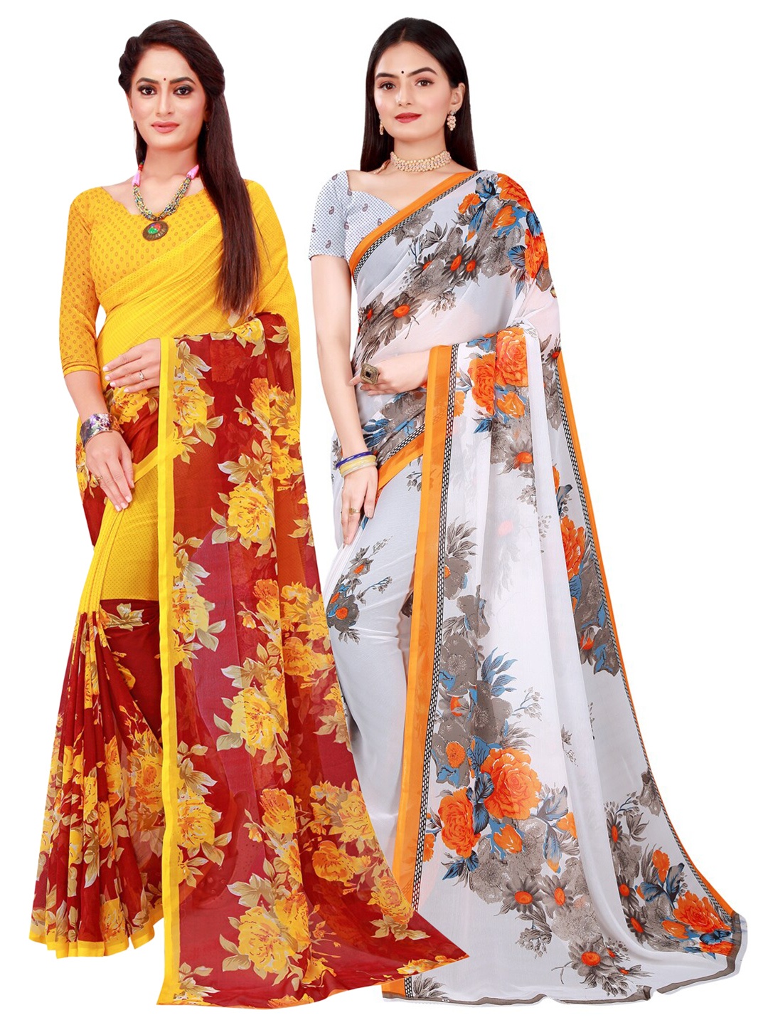 

KALINI Maroon & White Set Of 2 Floral Pure Georgette Saree