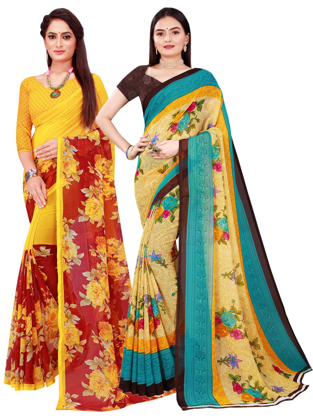 

KALINI Maroon & Beige Set Of 2 Floral Pure Georgette Saree