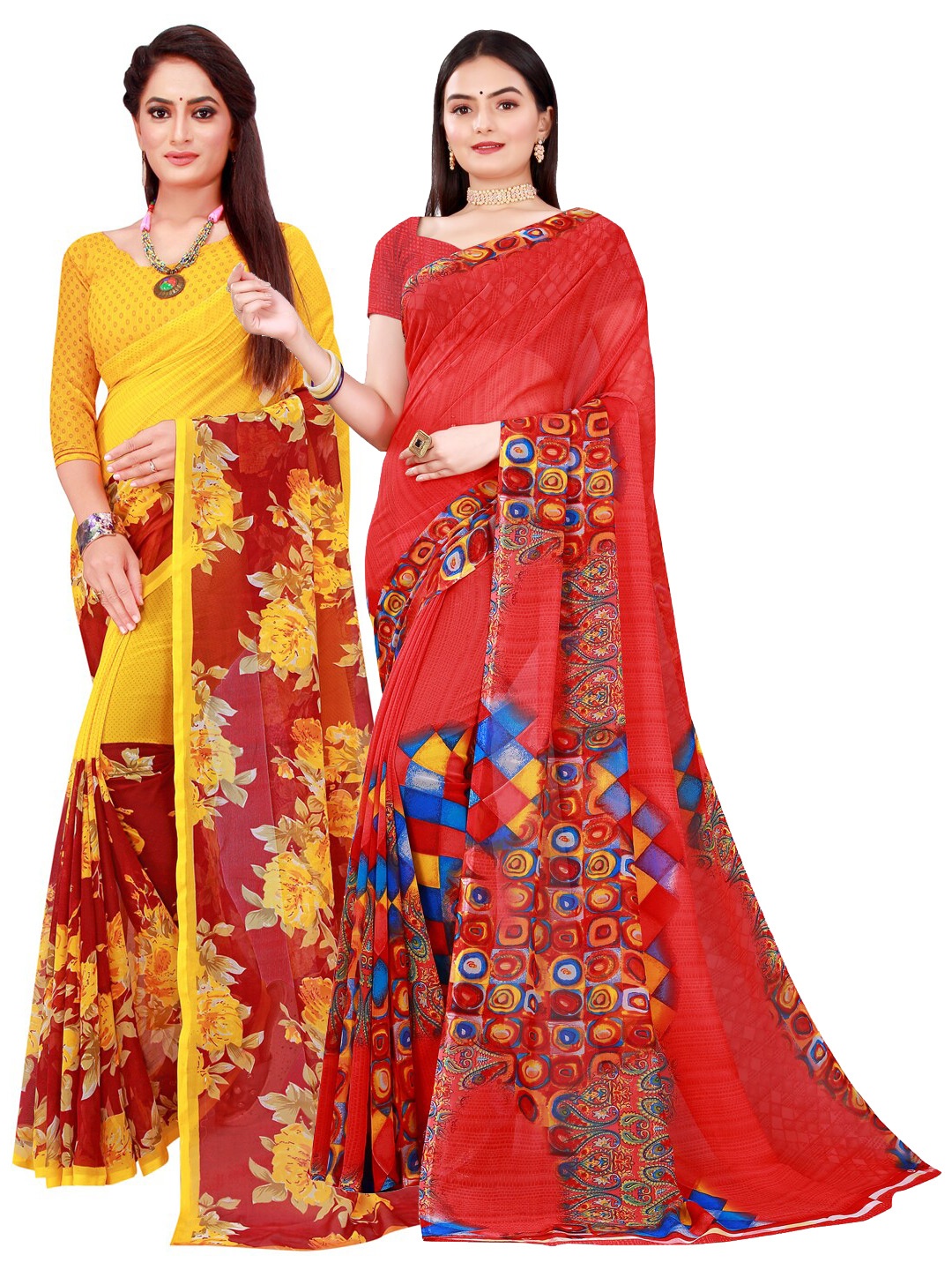 

KALINI Red & Maroon Set Of 2 Floral Pure Georgette Saree