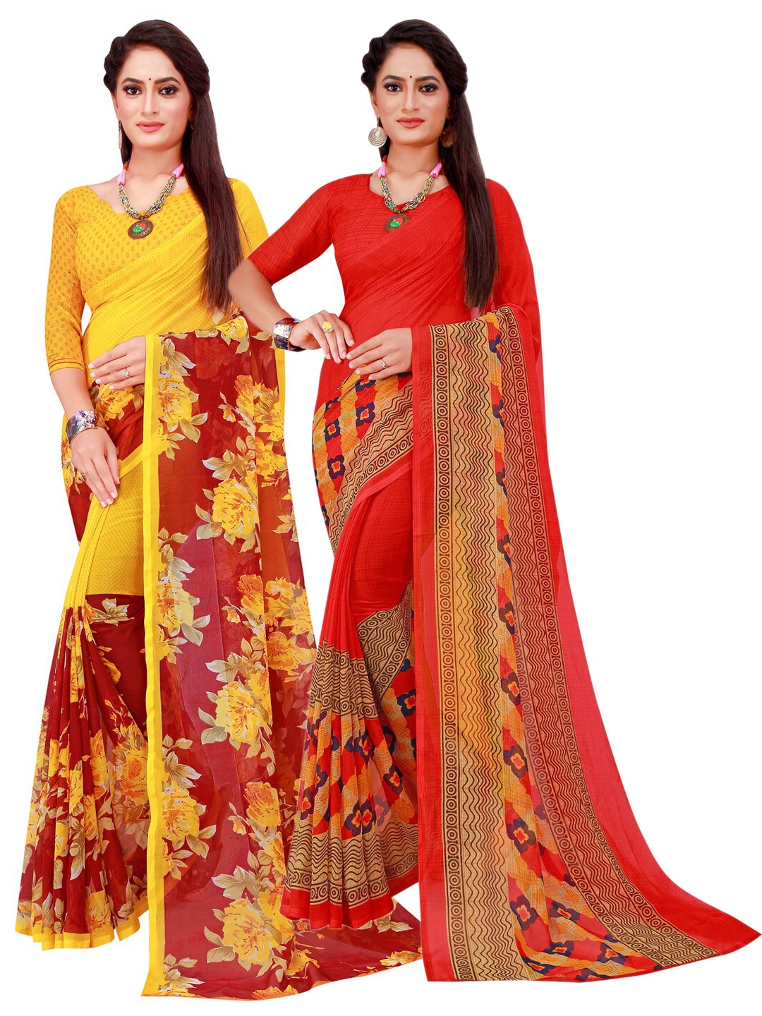 

KALINI Red & Maroon Set Of 2 Floral Pure Georgette Saree