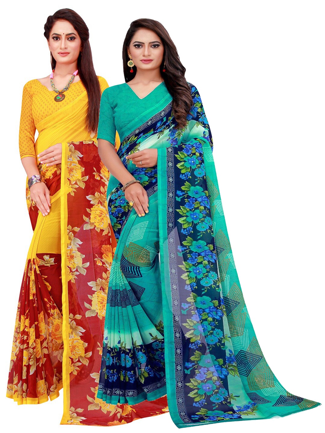 

KALINI Turquoise Blue & Maroon Set Of 2 Floral Pure Georgette Saree