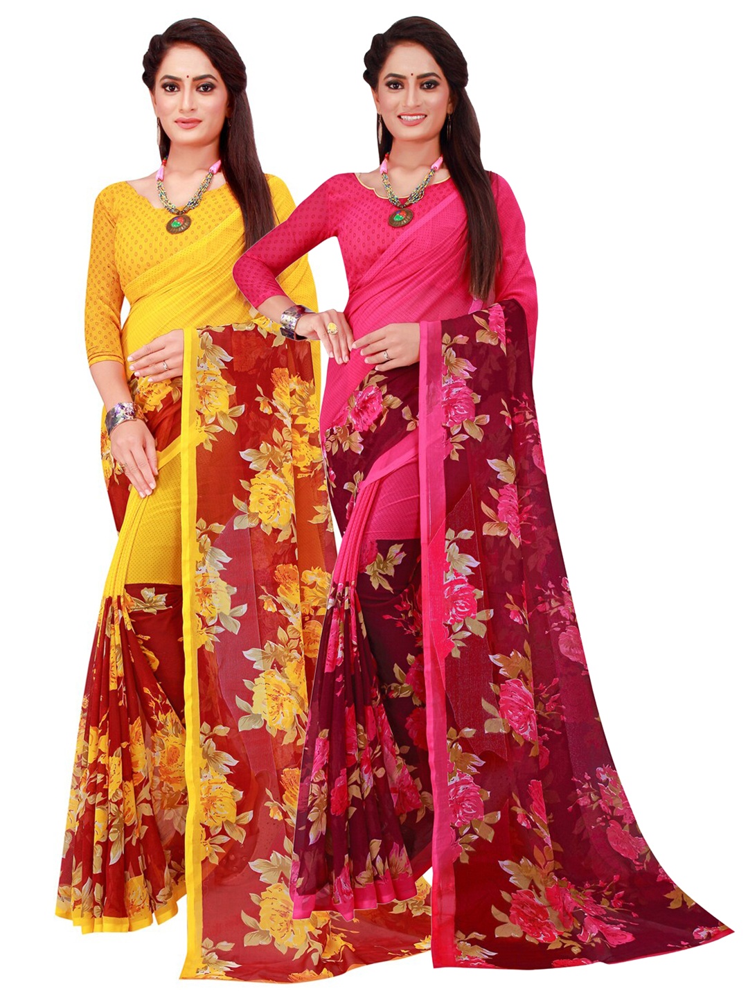 

KALINI Maroon & Magenta Set Of 2 Floral Pure Georgette Saree