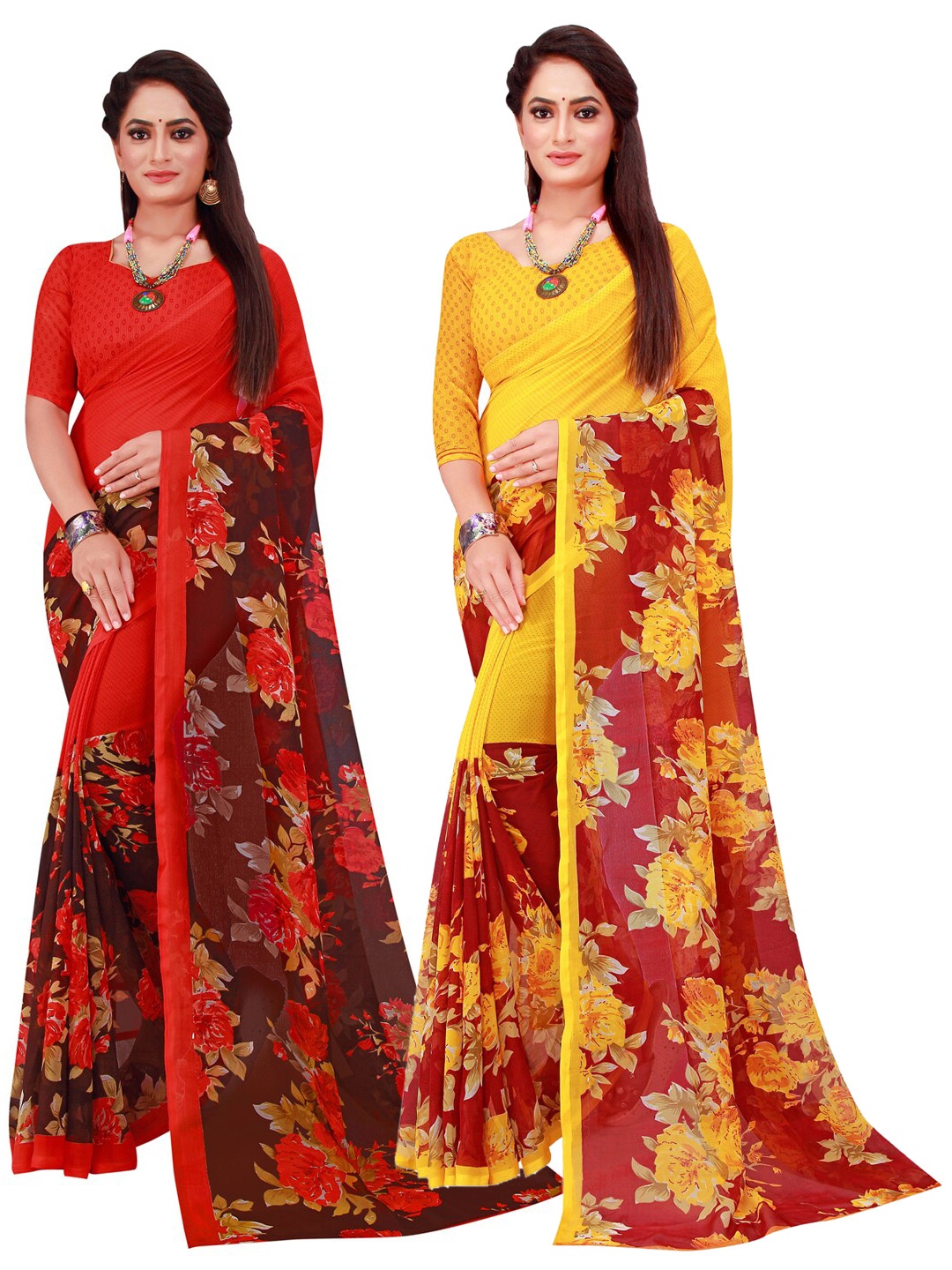 

KALINI Maroon & Red Set Of 2 Pure Georgette Saree