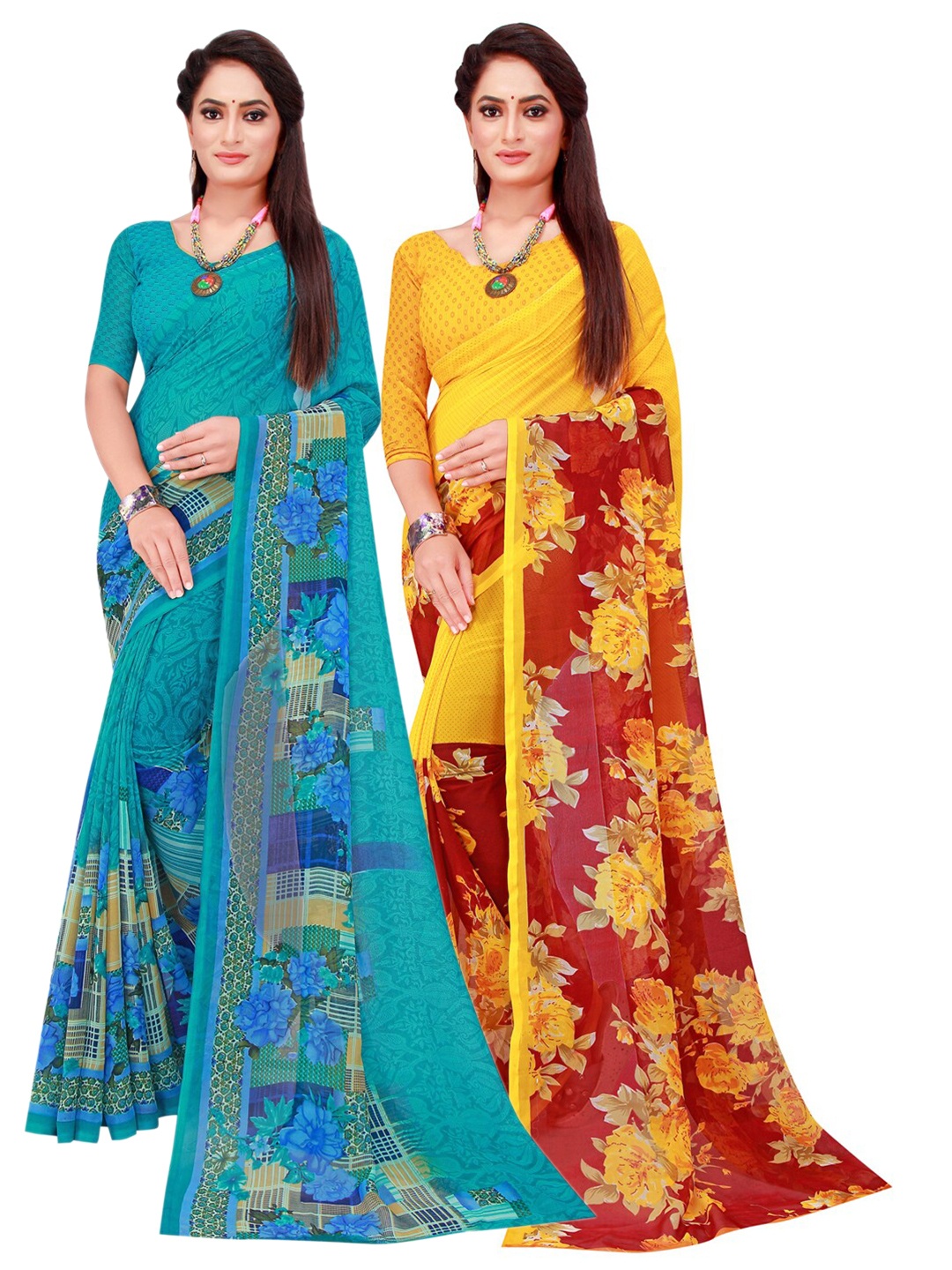

KALINI Pack Of 2 Pure Georgette Sarees, Turquoise blue