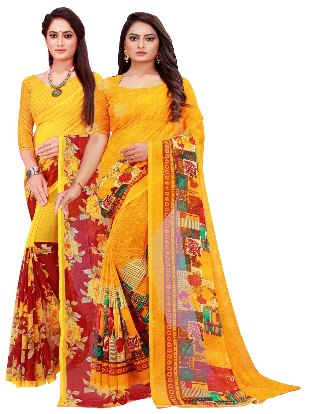 

KALINI Yellow & Red Set Of 2 Floral Pure Georgette Saree