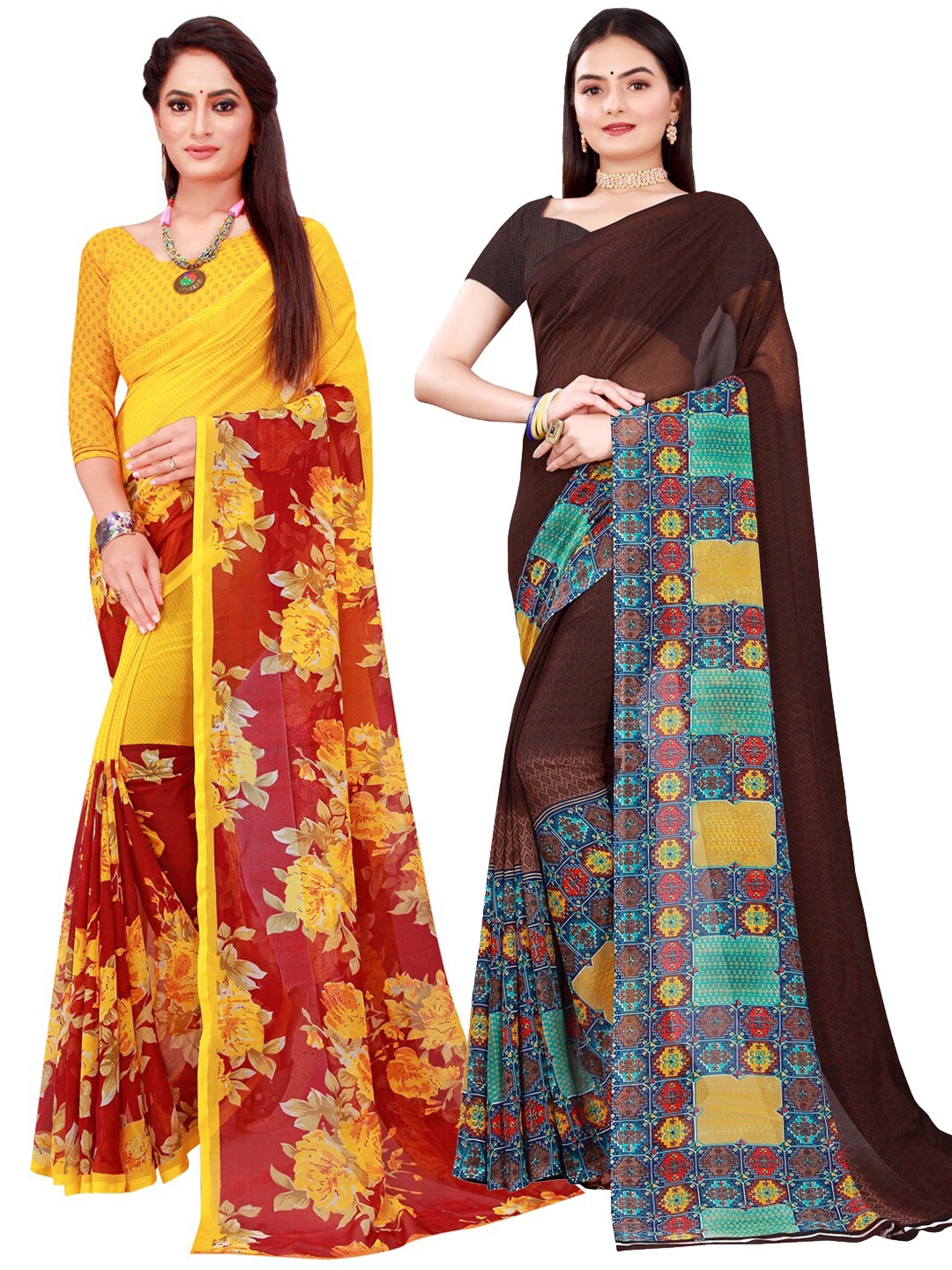 

KALINI Pack Of 2 Pure Georgette Sarees, Yellow