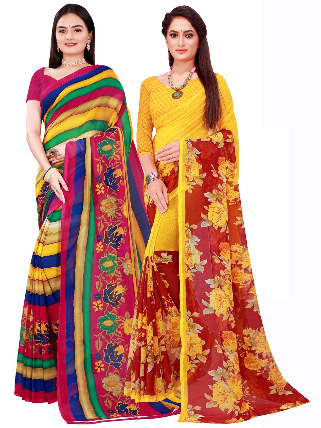 KALINI Pack Of 2 Pure Georgette Sarees, Yellow
