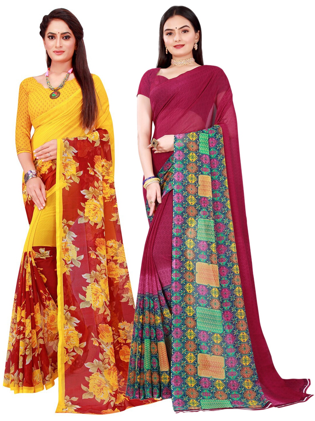 

KALINI Pack Of 2 Pure Georgette Sarees, Maroon