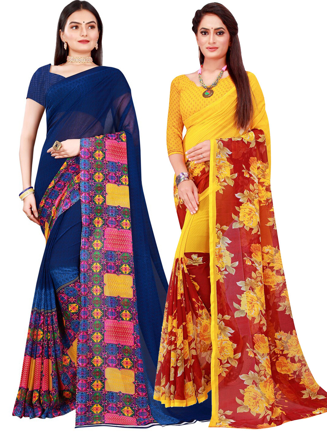 

KALINI Yellow & Blue Set Of 2 Floral Pure Georgette Saree