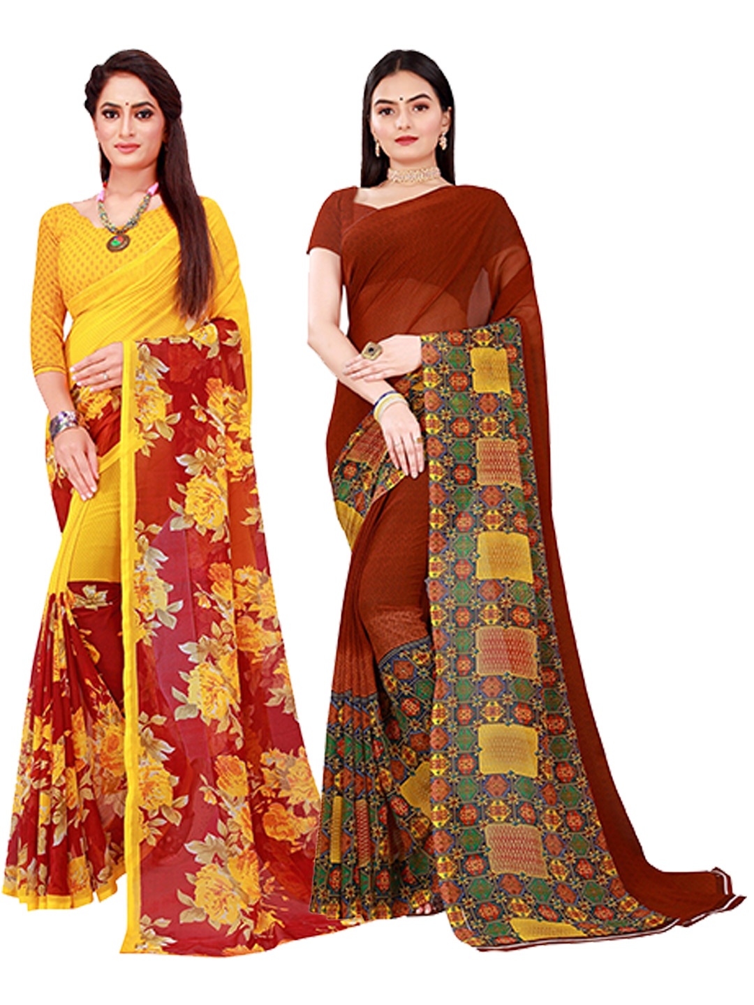 

KALINI Maroon & Yellow Set Of 2 Floral Pure Georgette Saree