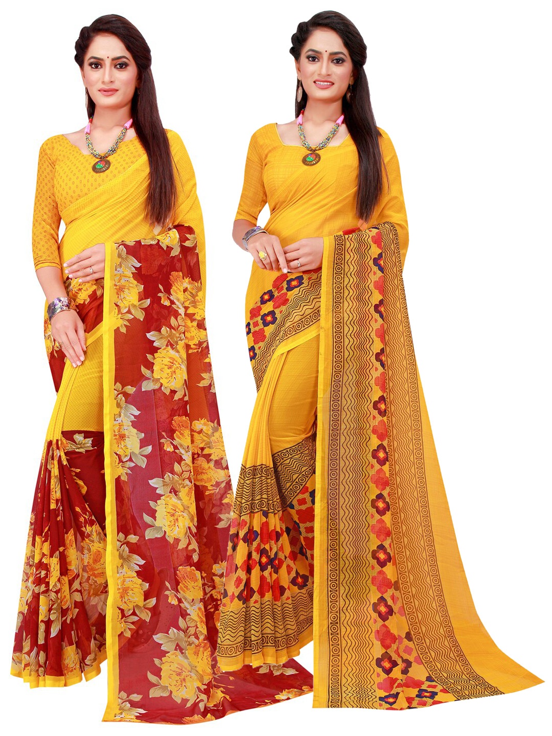 

KALINI Maroon & Yellow Set Of 2 Floral Pure Georgette Saree