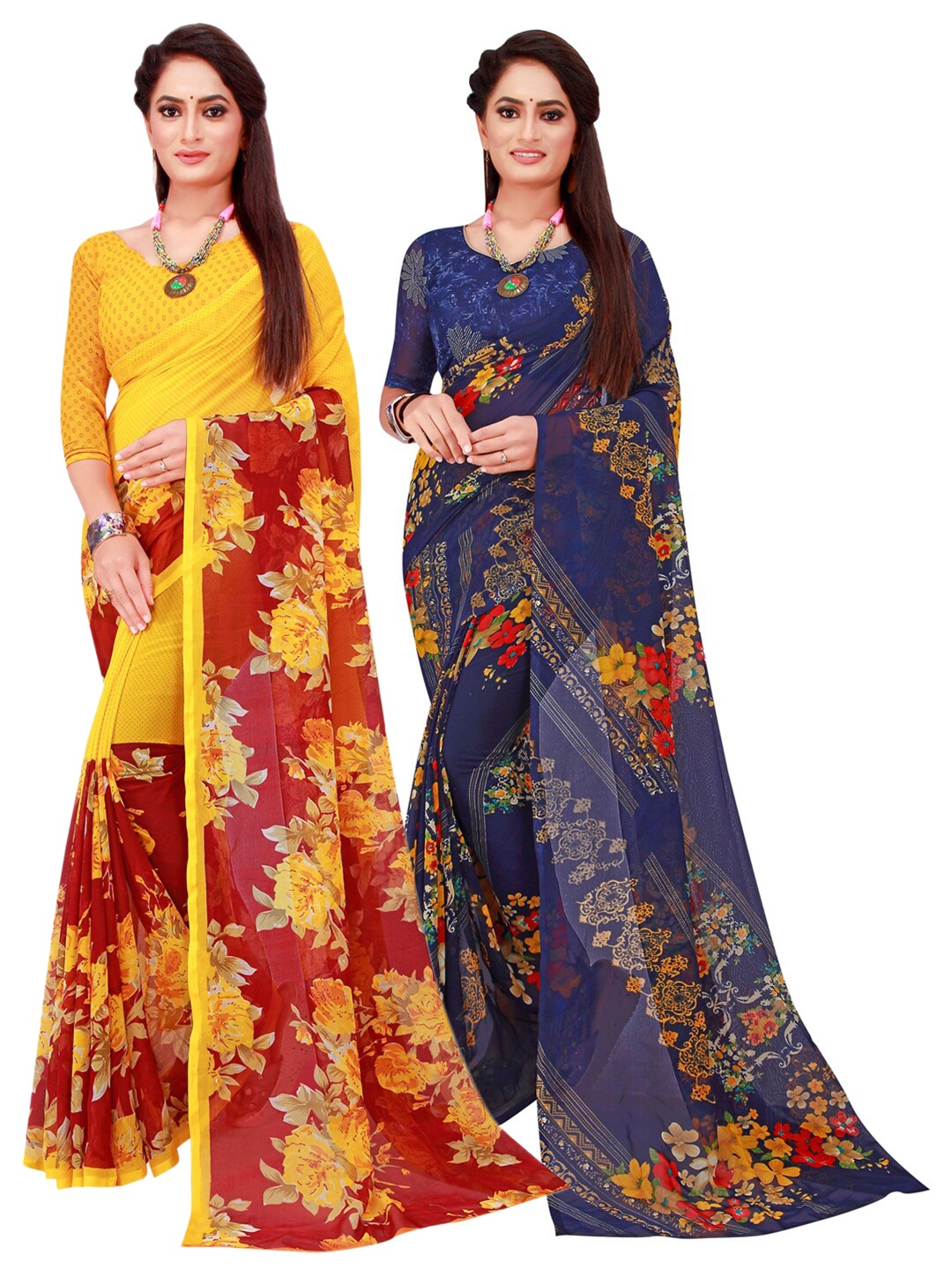 

KALINI Maroon & Navy Blue Set Of 2 Floral Pure Georgette Saree