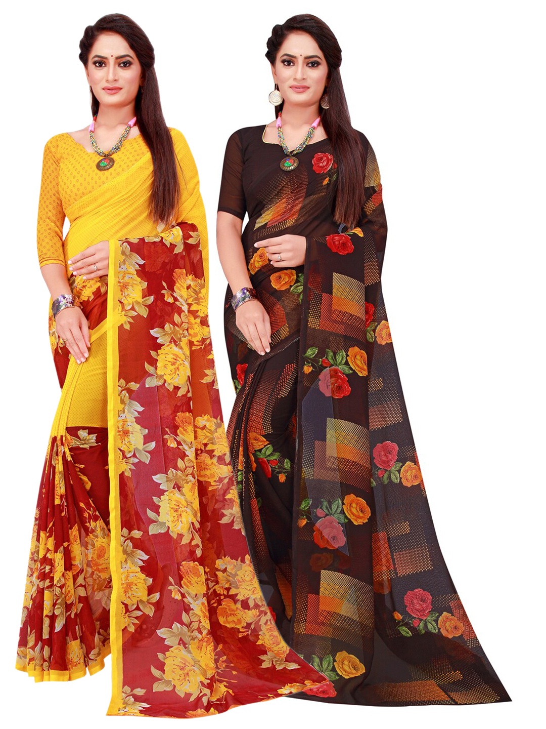 

KALINI Pack Of 2 Pure Georgette Sarees, Yellow