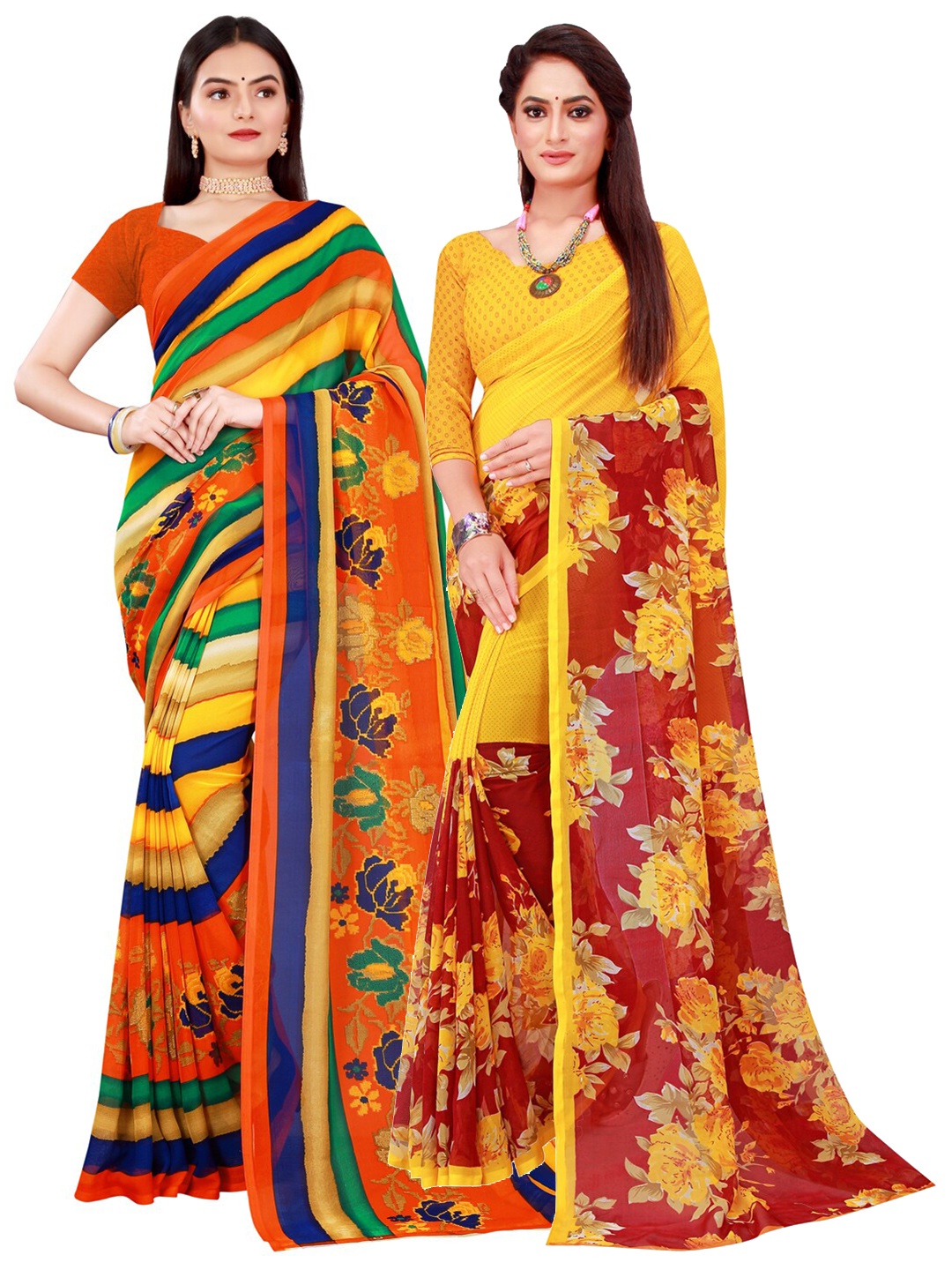 

KALINI Maroon & Blue Set Of 2 Pure Georgette Saree