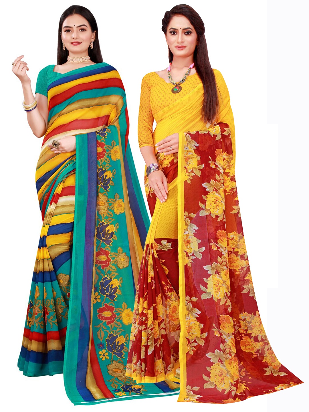 

KALINI Pack Of 2 Pure Georgette Sarees, Turquoise blue