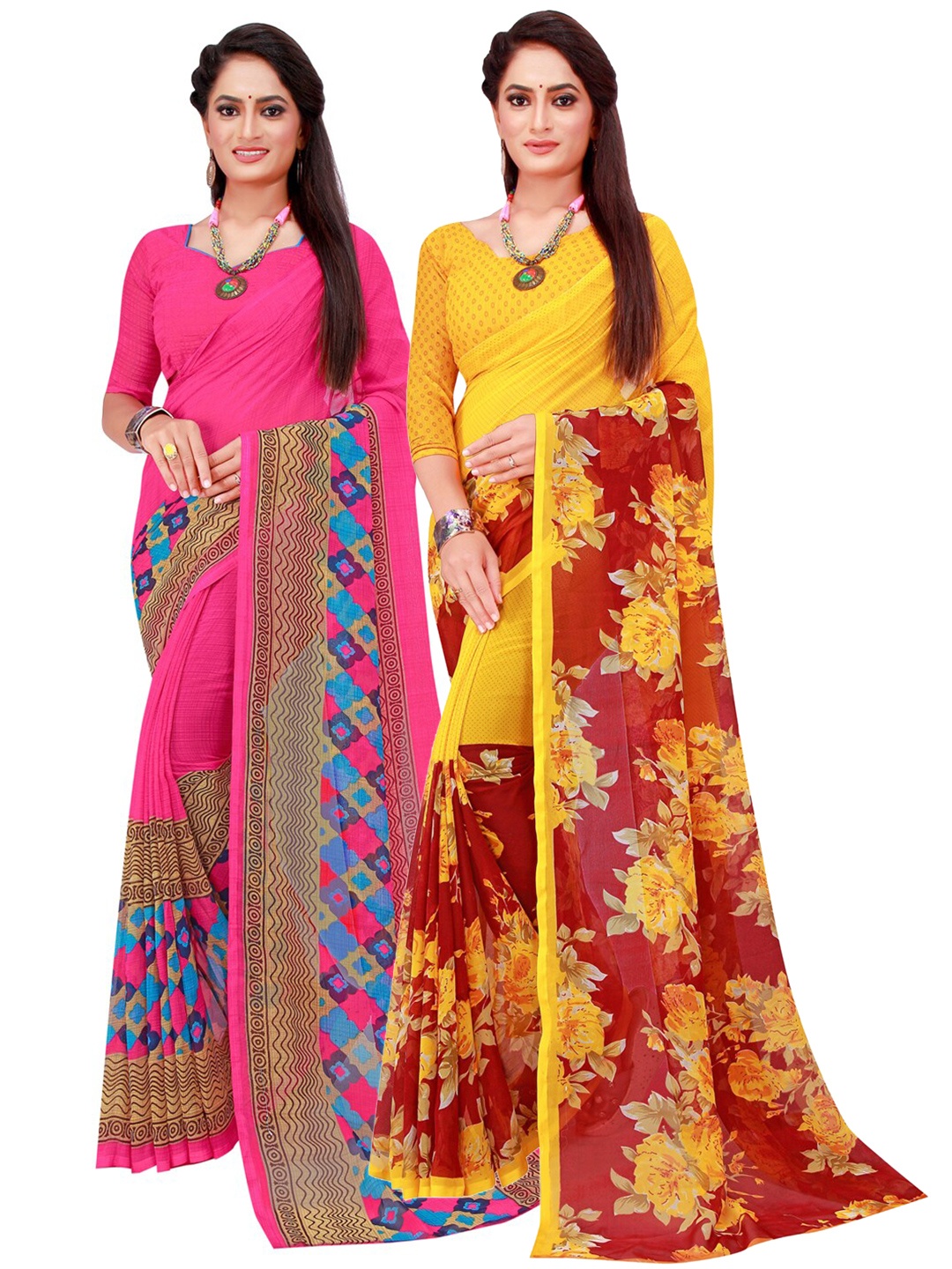 

KALINI Magenta & Red Set Of 2 Floral Pure Georgette Saree