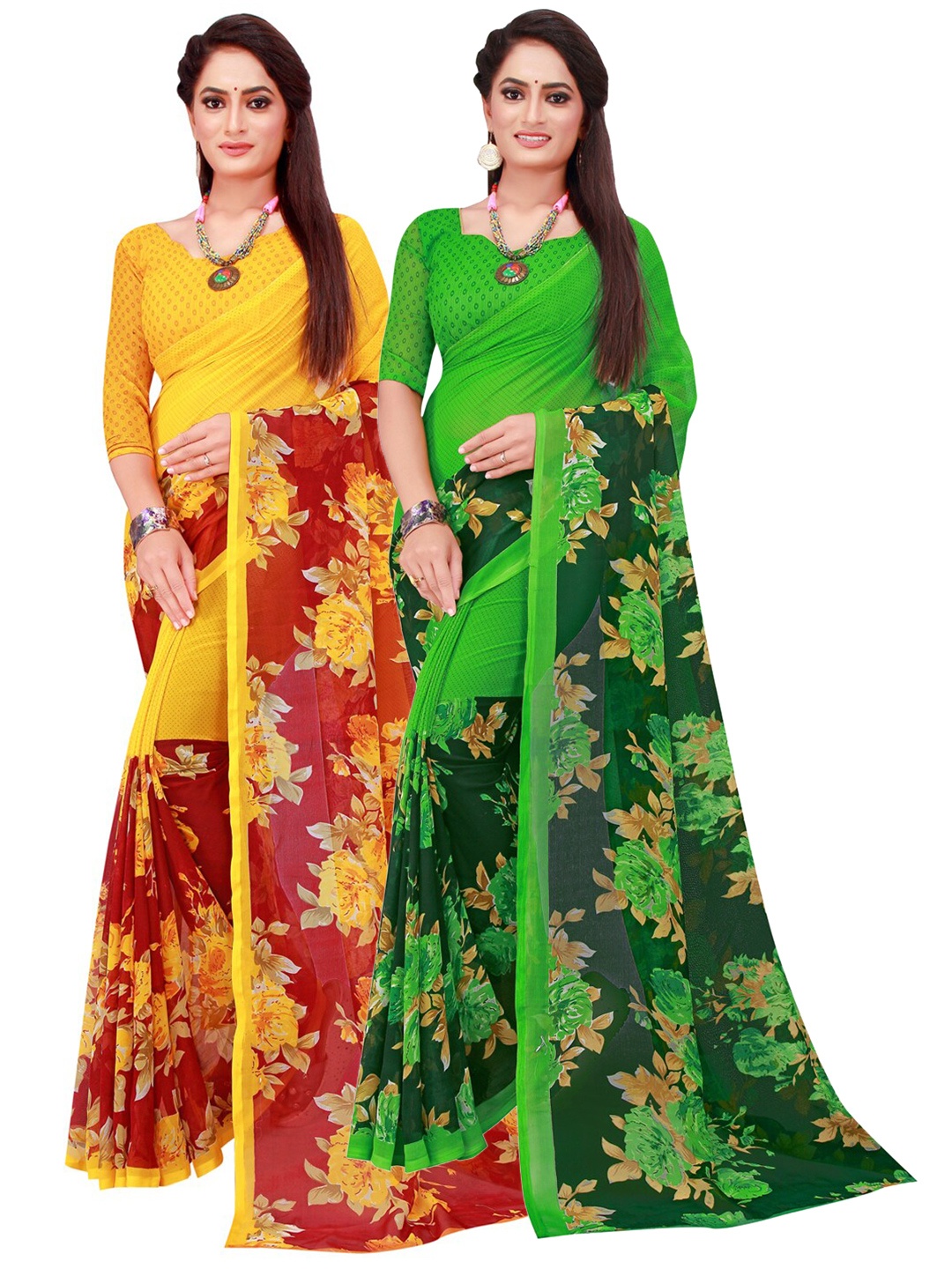 

KALINI Maroon & Green Set Of 2 Pure Georgette Saree