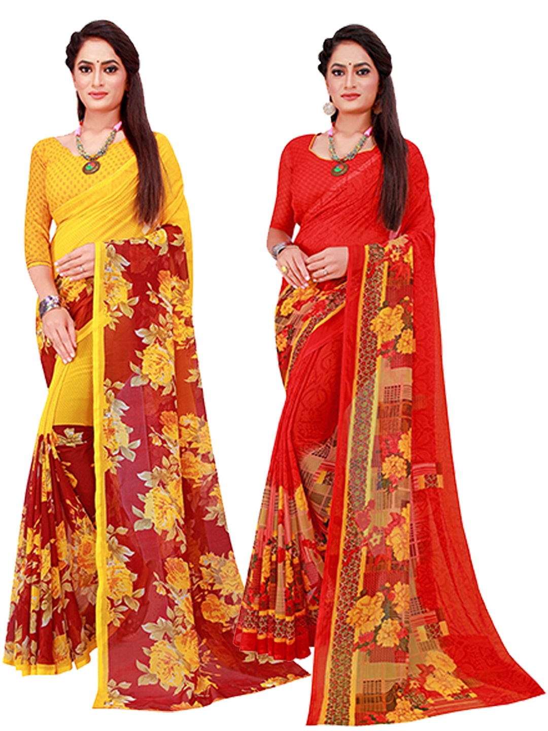 

KALINI Red & Yellow Floral Pure Georgette Saree