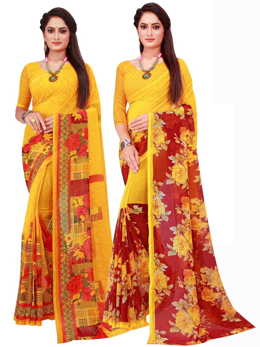 

KALINI Pack Of 2 Pure Georgette Sarees, Yellow