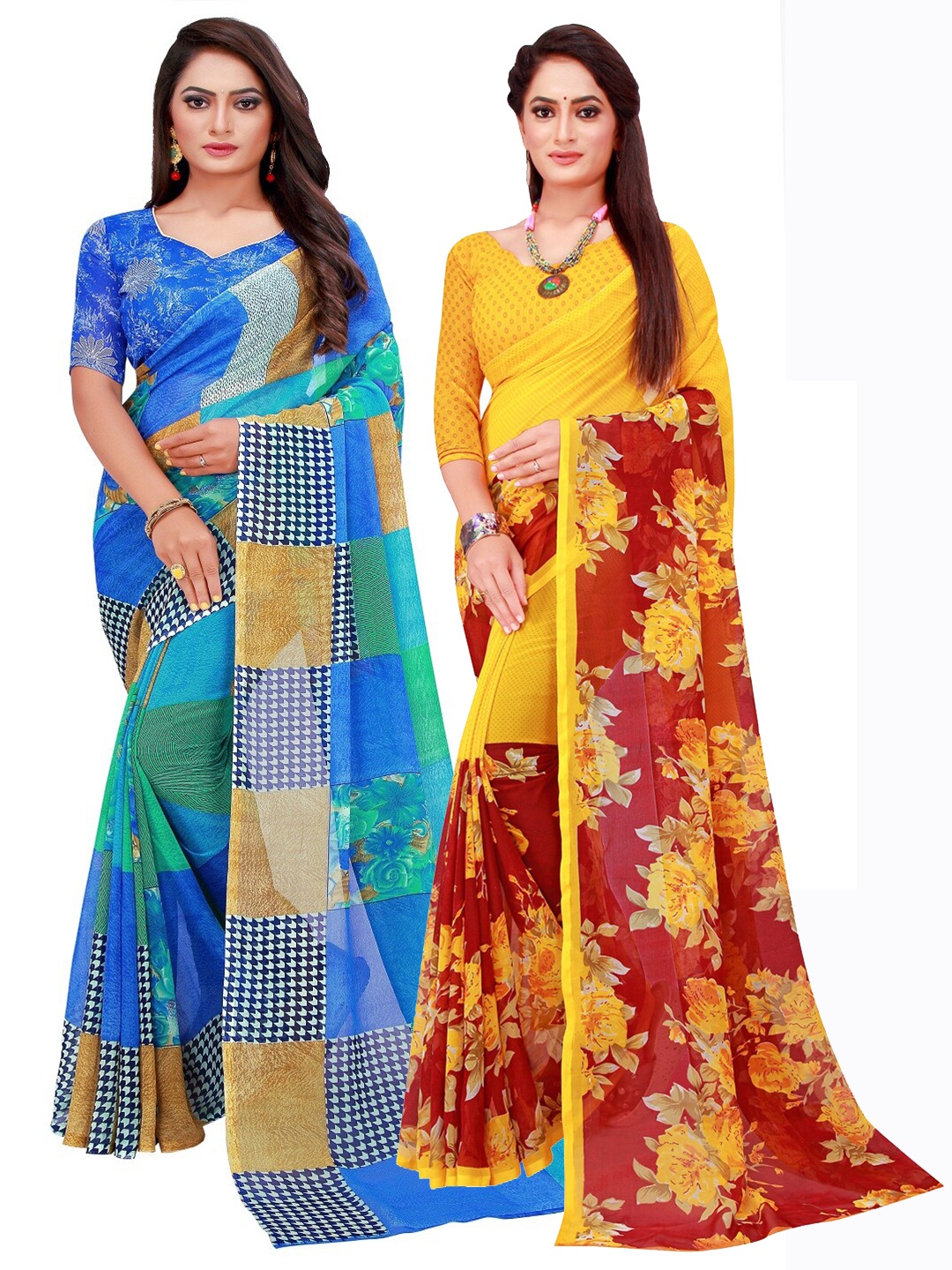 

KALINI Blue & Maroon Set Of 2 Pure Georgette Saree