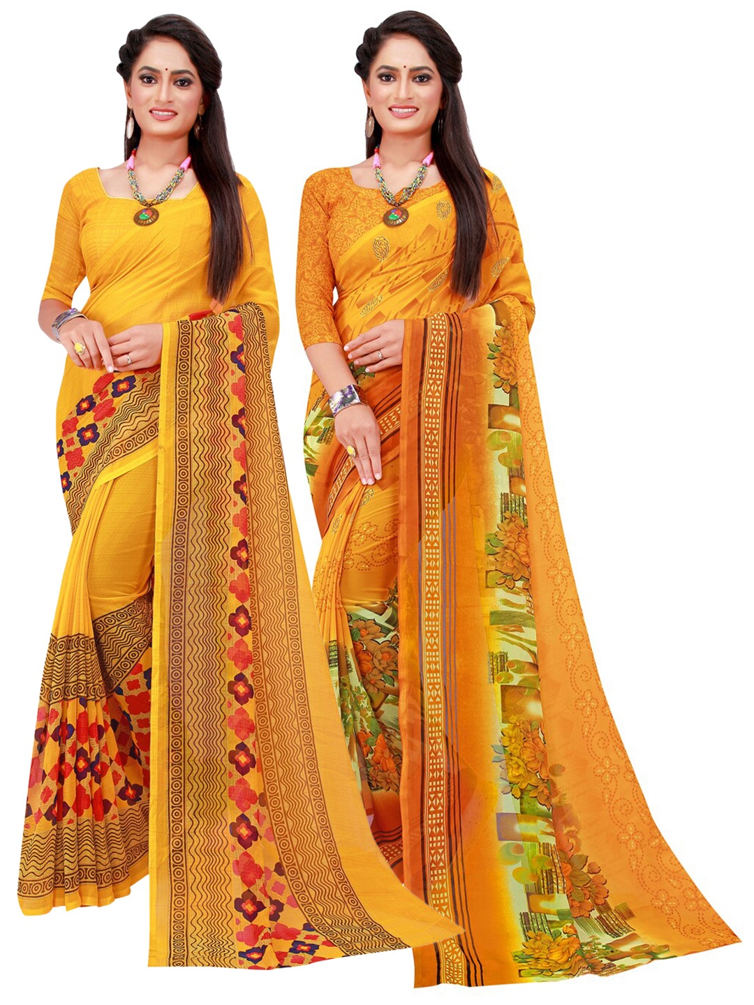 

SAADHVI Yellow & Green Set Of 2 Pure Georgette Saree