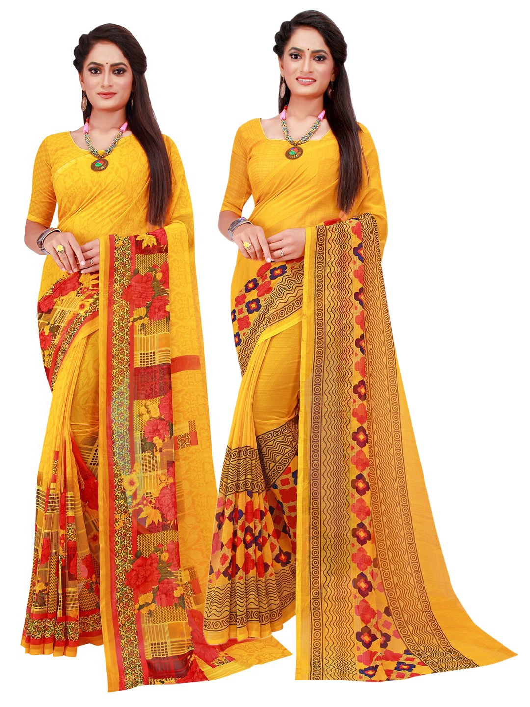 

SAADHVI Yellow & Red Set Of 2 Pure Georgette Saree