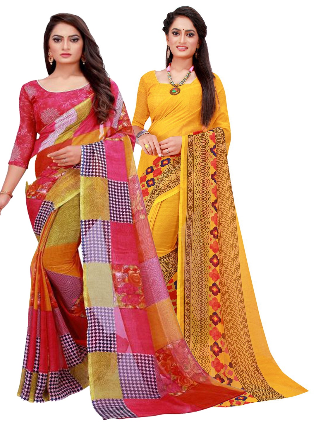 

SAADHVI Red & Yellow Set Of 2 Pure Georgette Saree