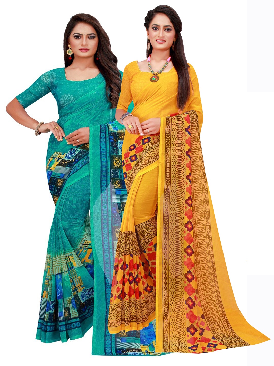 

SAADHVI Turquoise Blue & Yellow Set Of 2 Pure Georgette Saree