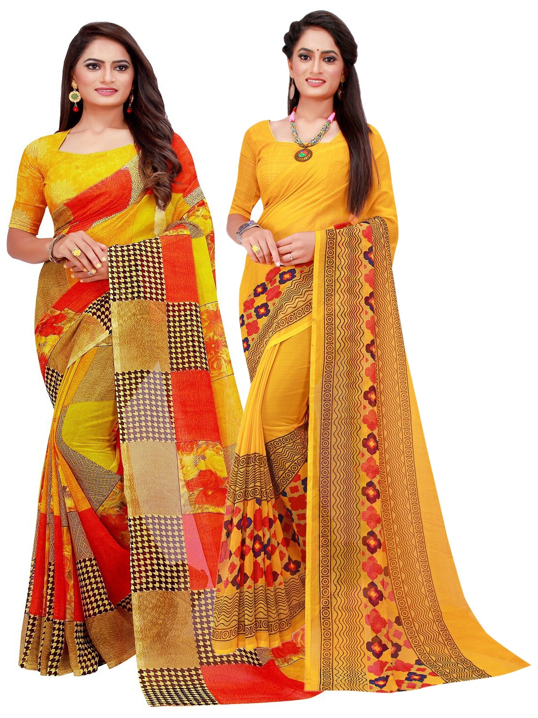 

SAADHVI Yellow & Red Set Of 2 Floral Pure Georgette Saree